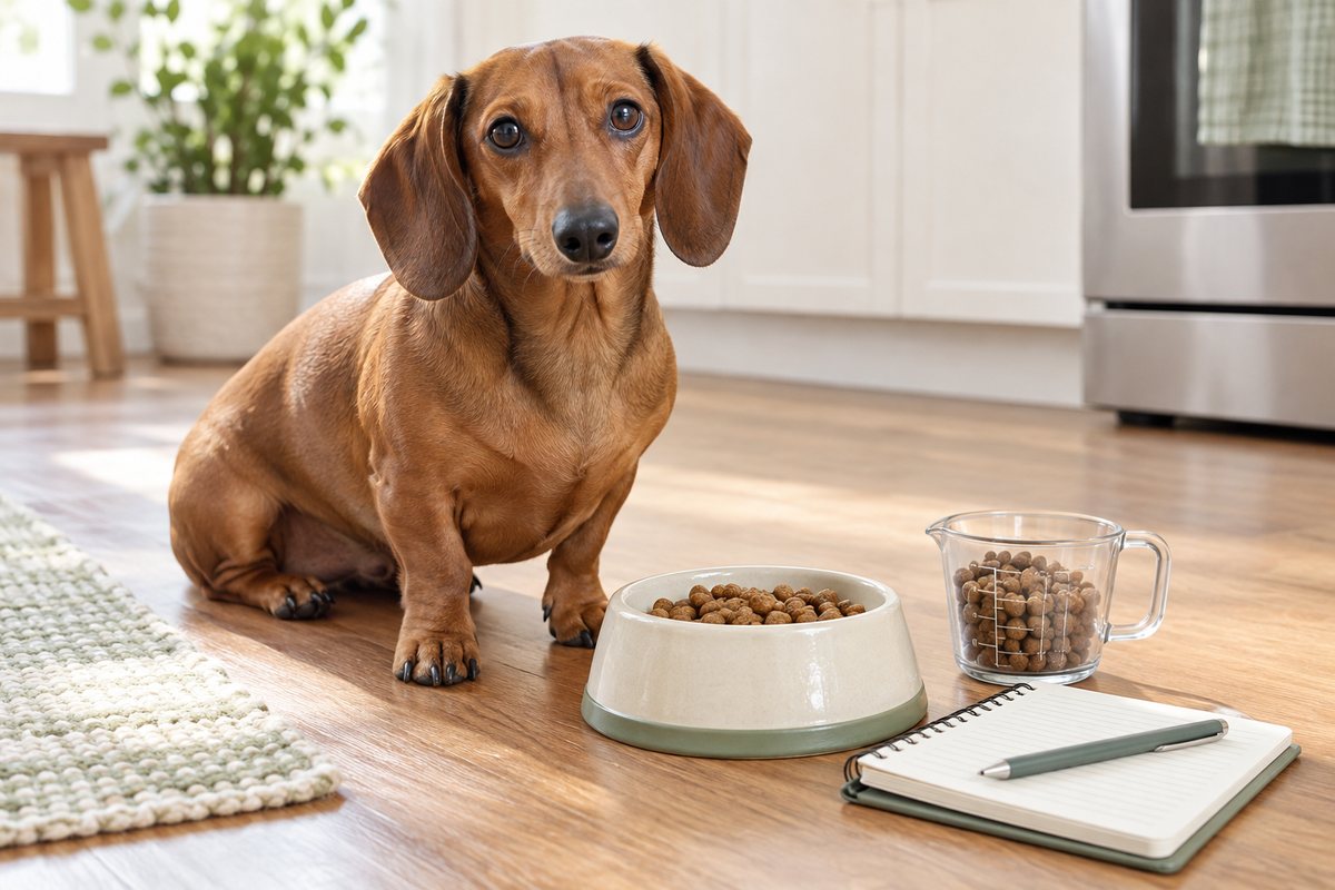 Dachshund beside measured dog food portions