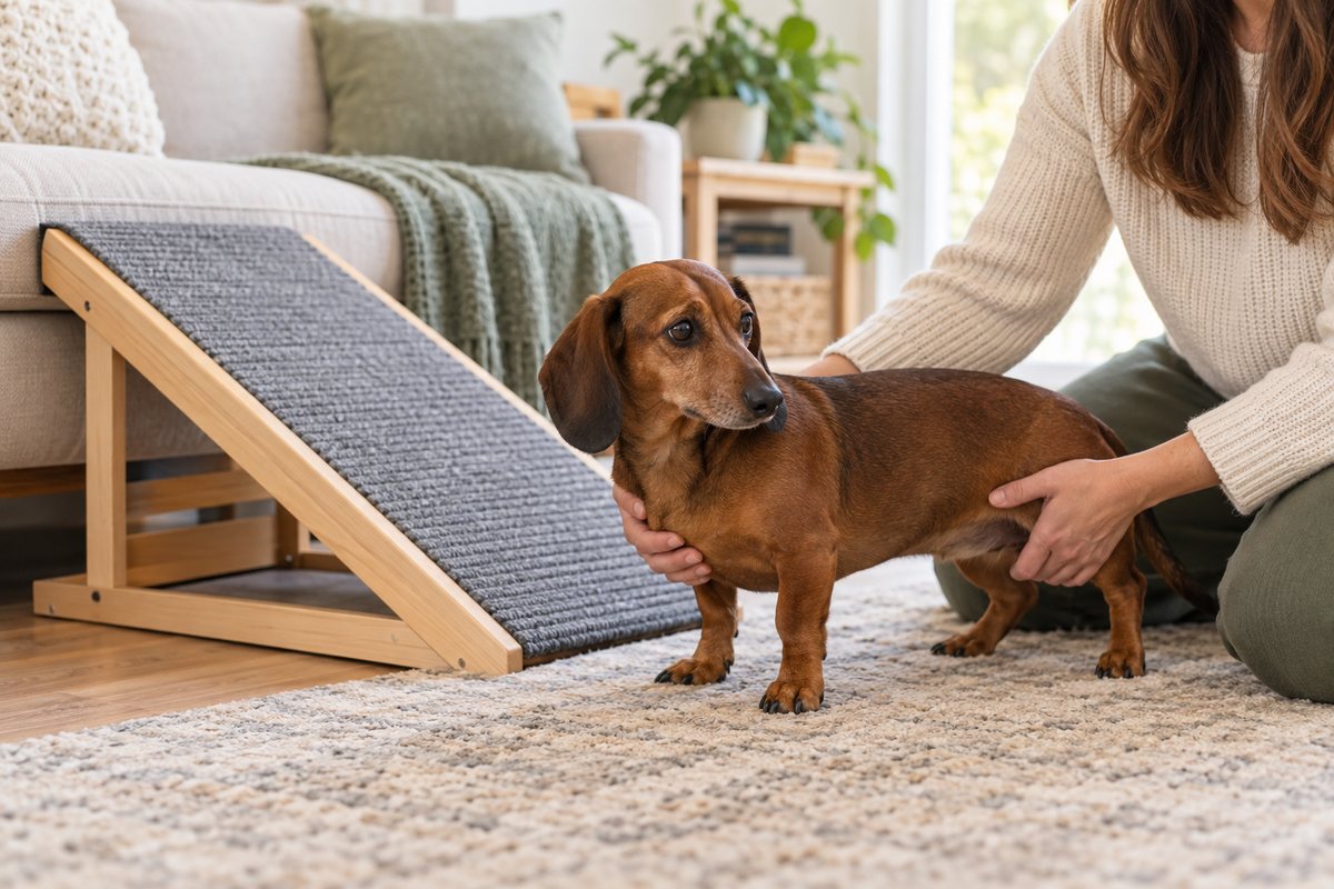 Dachshund beside a sofa ramp for back safety