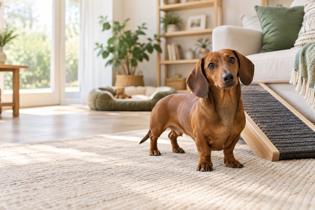 Dachshund in a cozy home routine setup for a puppy daily schedule