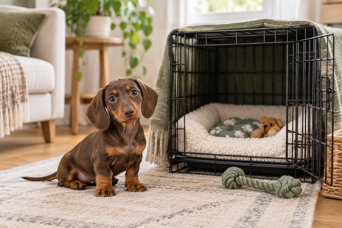 Dachshund puppy practicing commands beside an open crate