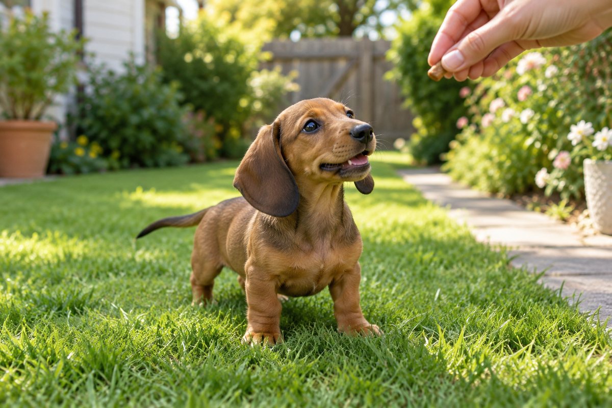 Dachshund puppy practicing potty breaks after crate naps