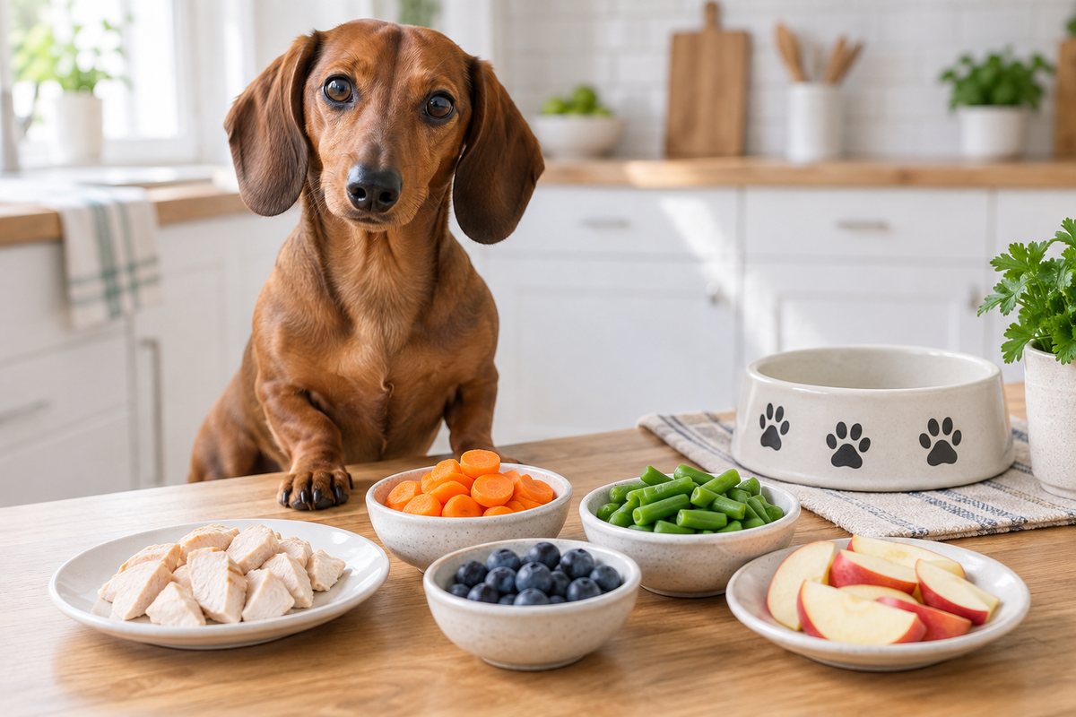 Dachshund with small portions of dog-safe foods