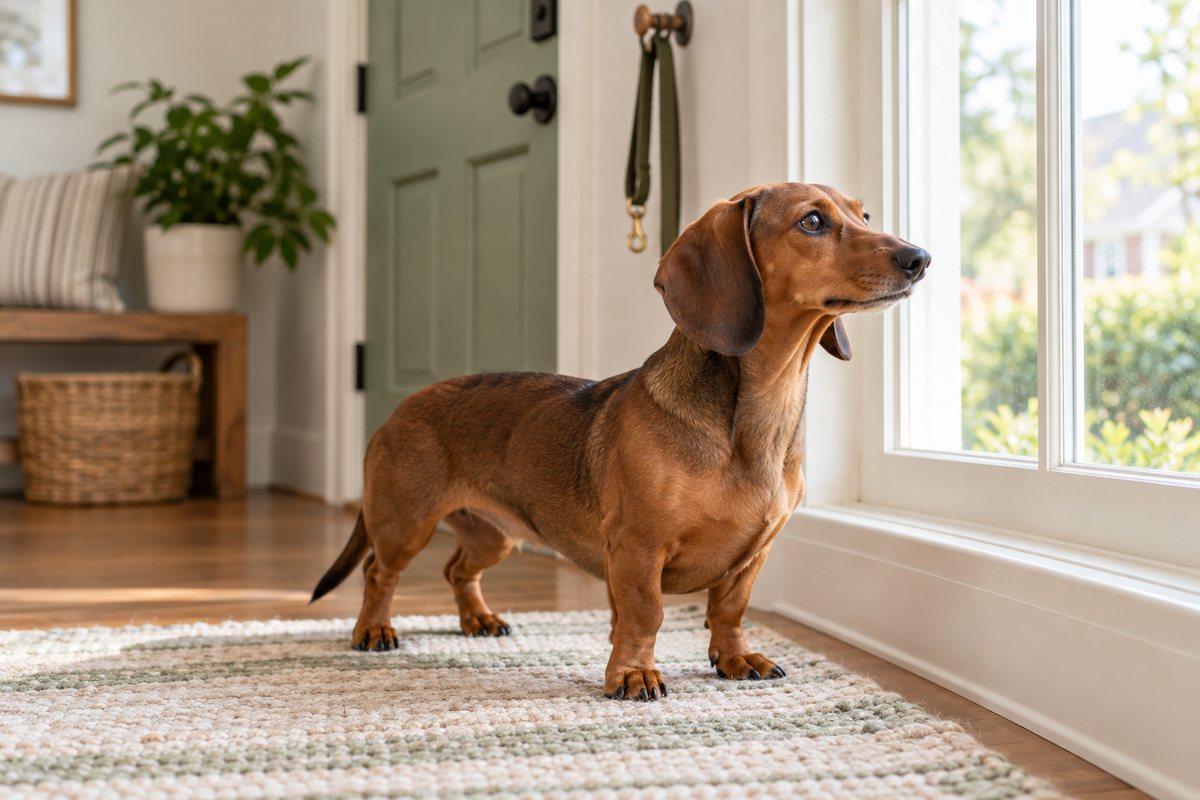 Dachshund puppy being redirected from chewing household items to a safe toy