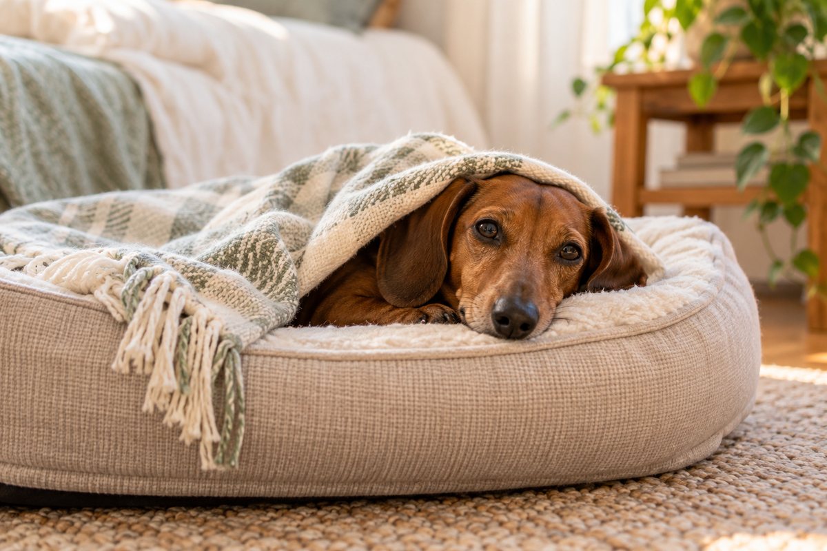 Dachshund puppy choosing a safe blanket spot during a fear stage
