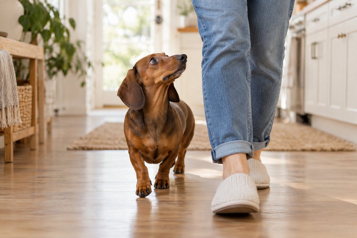 Dachshund staying close to its owner during calm behavior practice