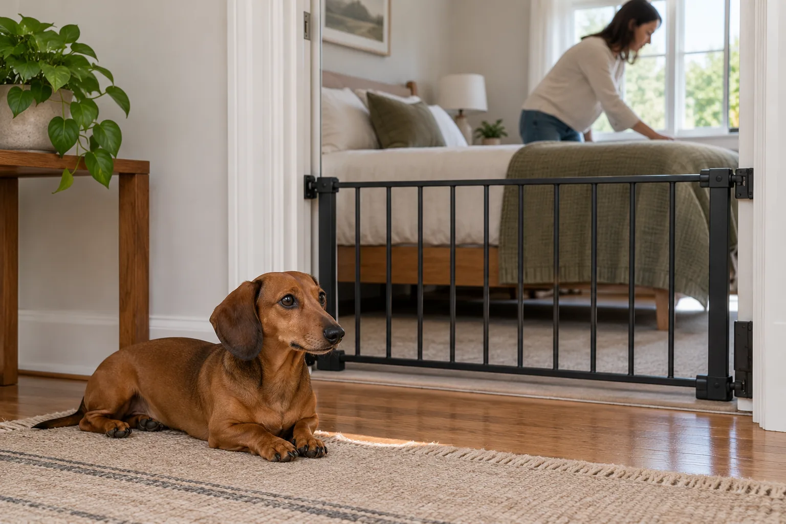 Dachshund resting outside a gated dog-free bedroom