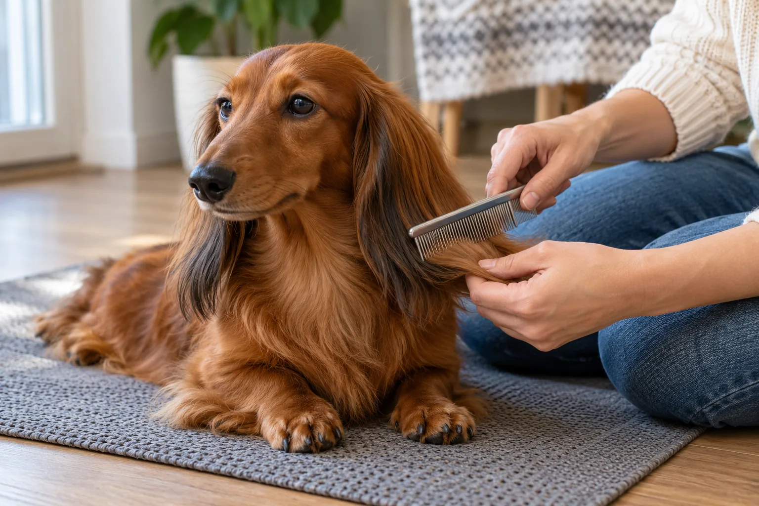 Long haired vs short haired Dachshund: owner gently combing the feathering behind a long-haired Dachshund's ear