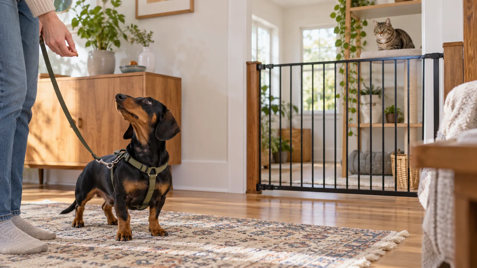 Dachshund turning toward its owner for a reward while a cat remains behind a gate