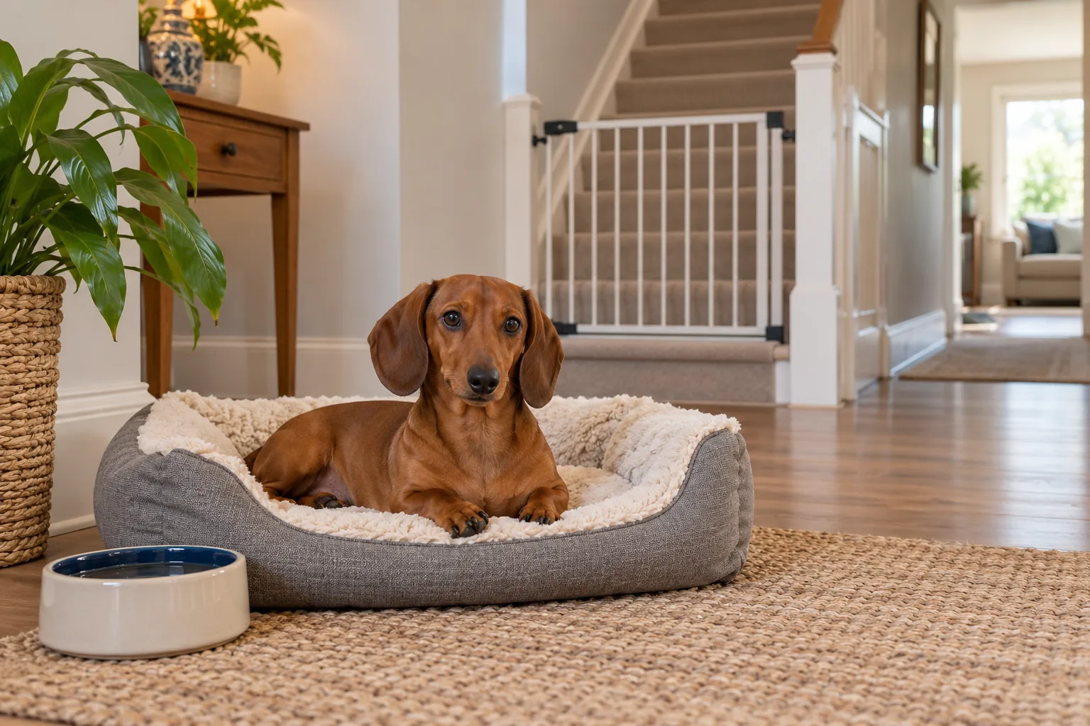 Dachshund stairs safety plan with a ground-floor bed, water, and gated stairs