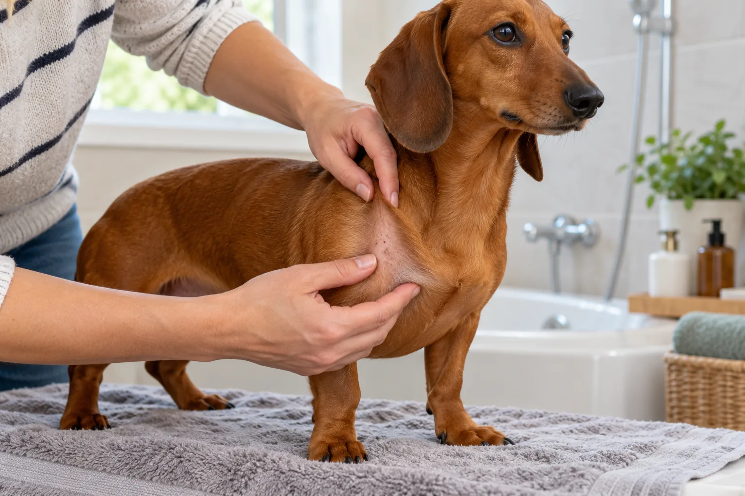 Best shampoo for Dachshunds: owner checking a calm Dachshund skin and coat before bathing
