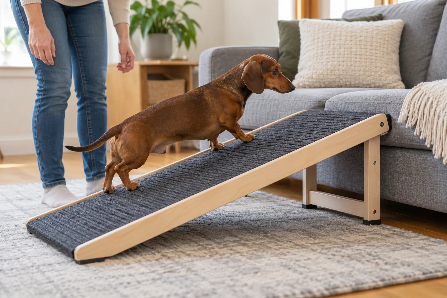 How to keep Dachshund back safe: a Dachshund using a wide non-slip ramp to approach a sofa