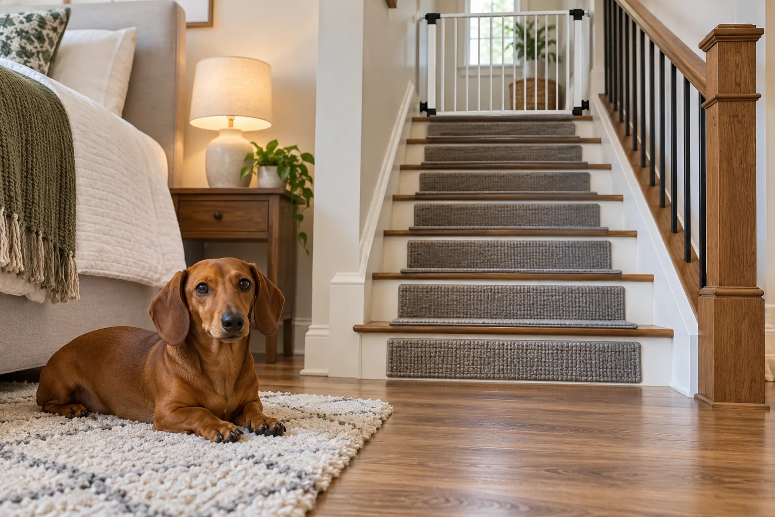 Clean indoor staircase with secure non-slip tread covers and a closed gate while a Dachshund rests nearby