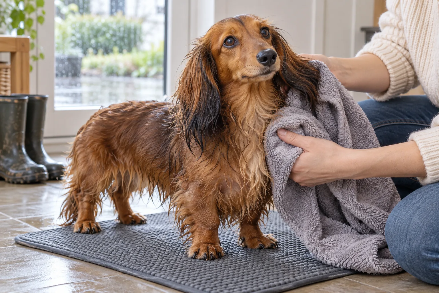 Owner towel-drying the chest feathering and outer ears of a long-haired Dachshund after rain
