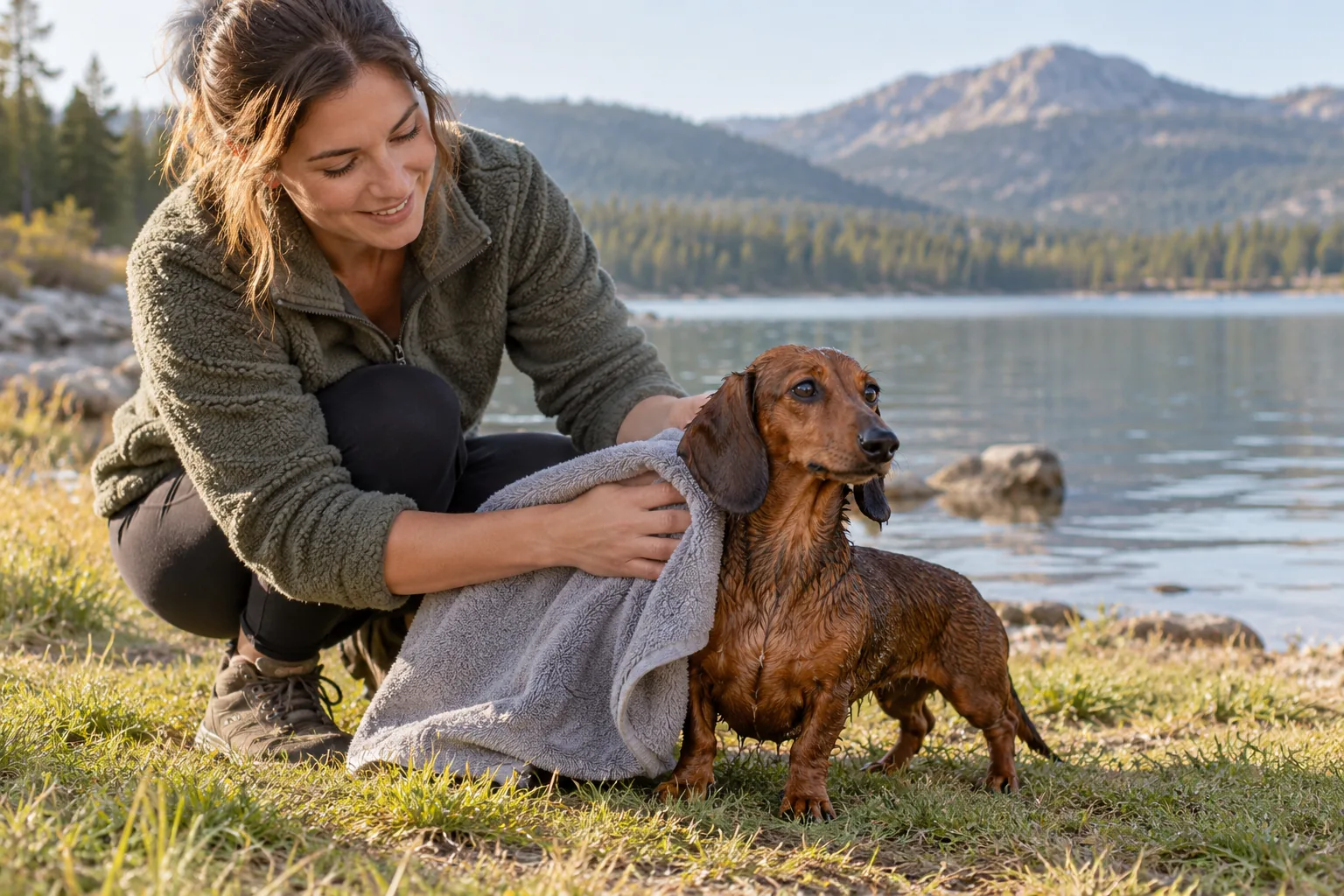 Owner gently drying a Dachshund on shore after a supervised swim
