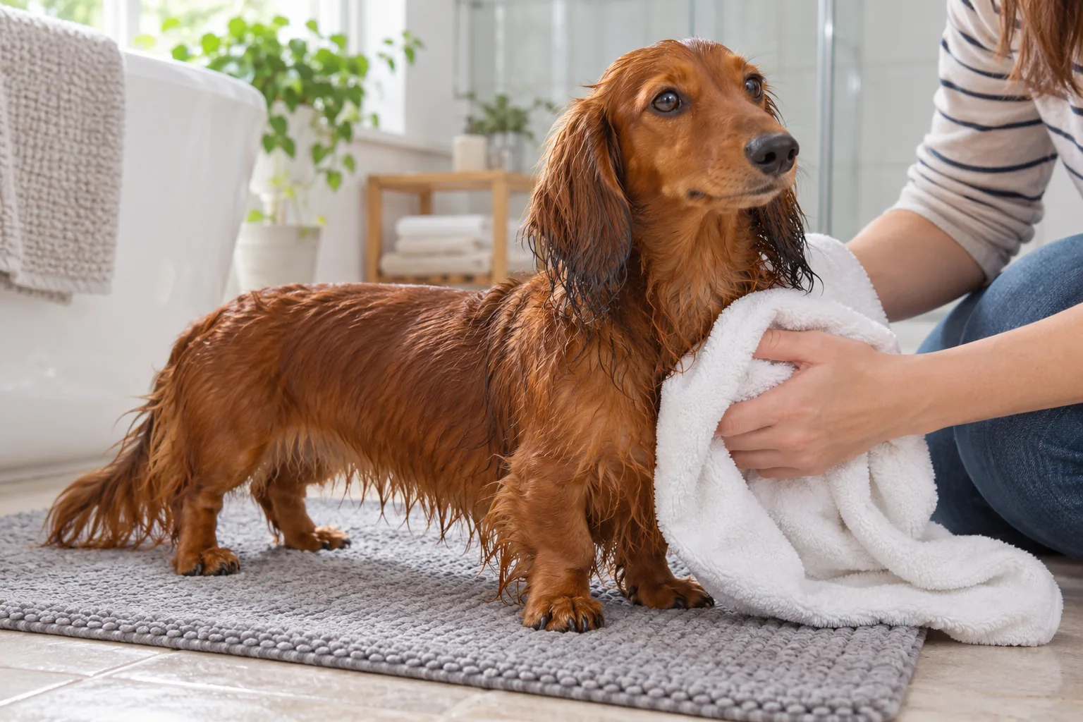 Owner using a soft towel to dry the chest and long feathering of a Dachshund after a bath