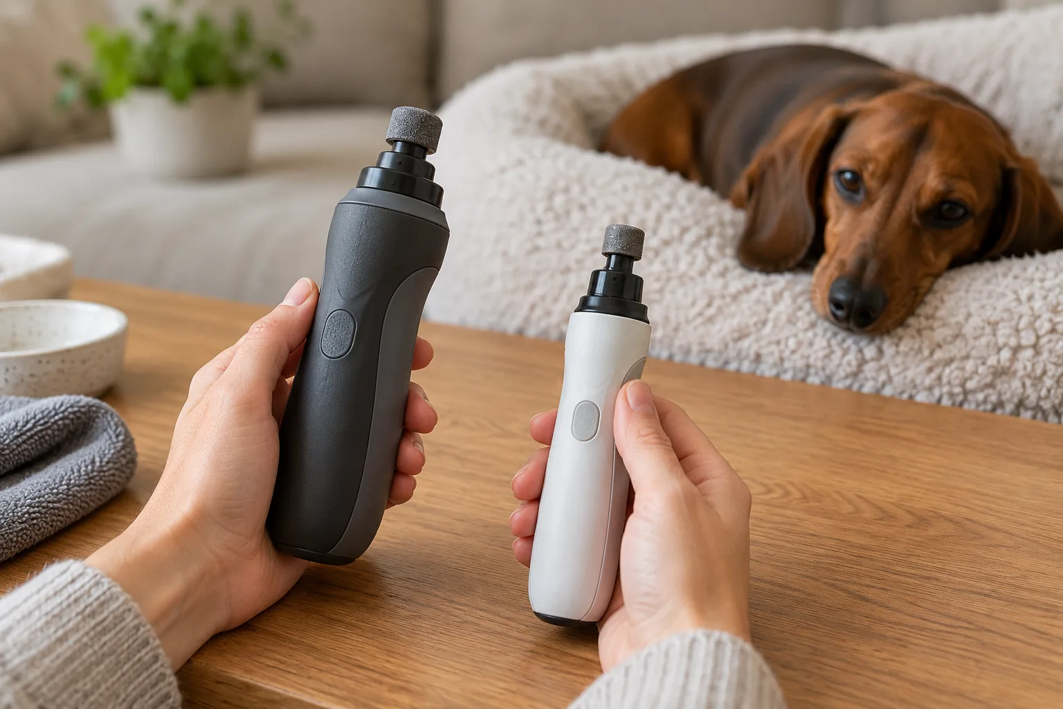 Best nail grinder for Dachshunds: owner comparing the grip size of two compact dog nail grinders.