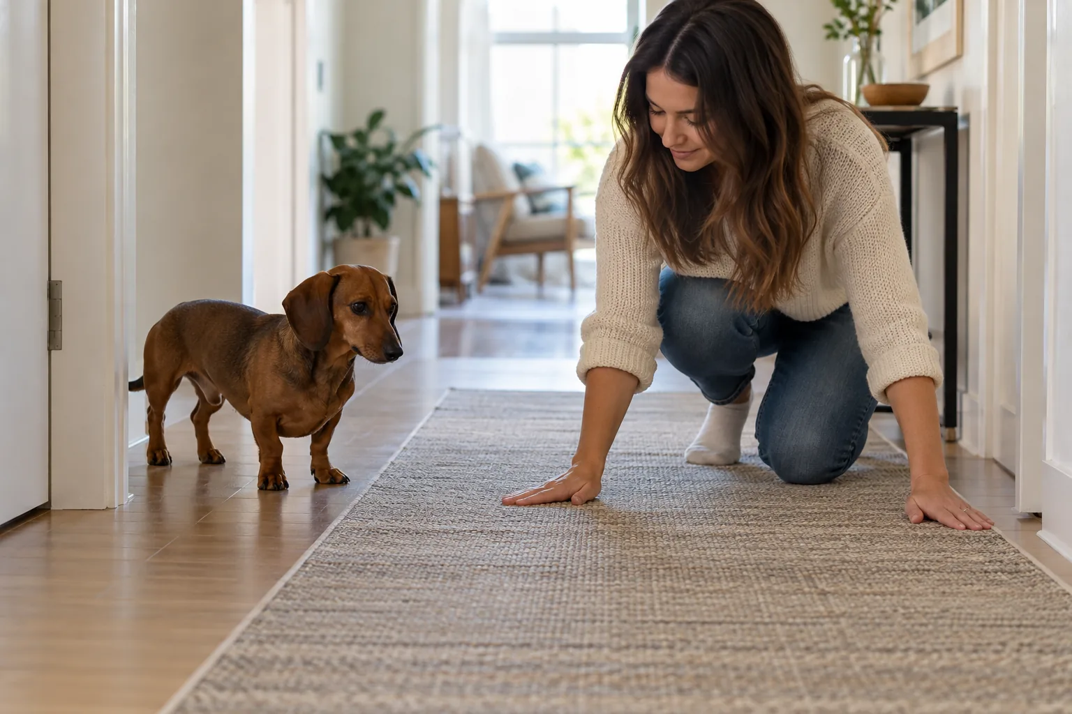 Dachshund home setup with a flat hallway traction runner