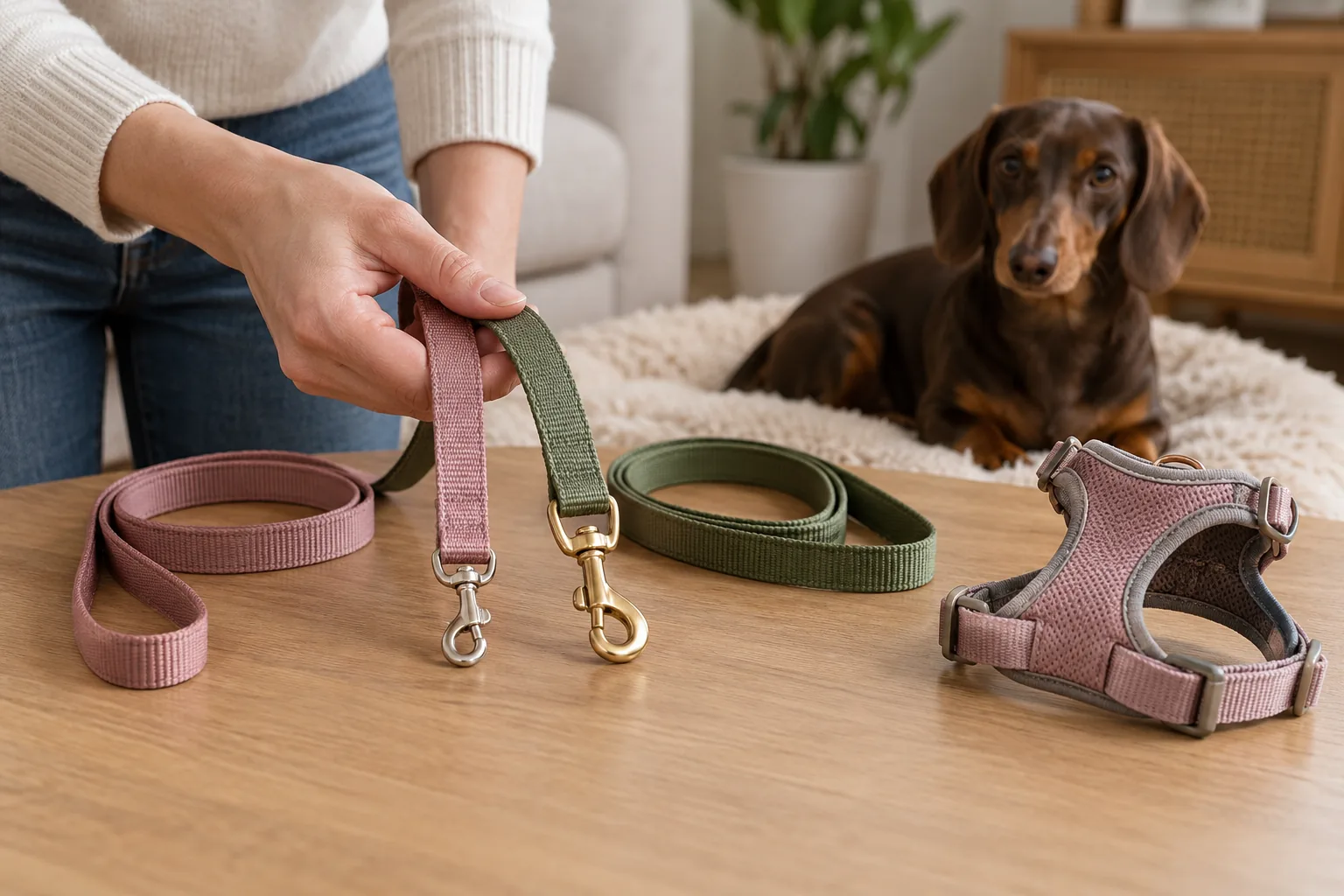 Two fixed leashes with different clips beside a dog harness.
