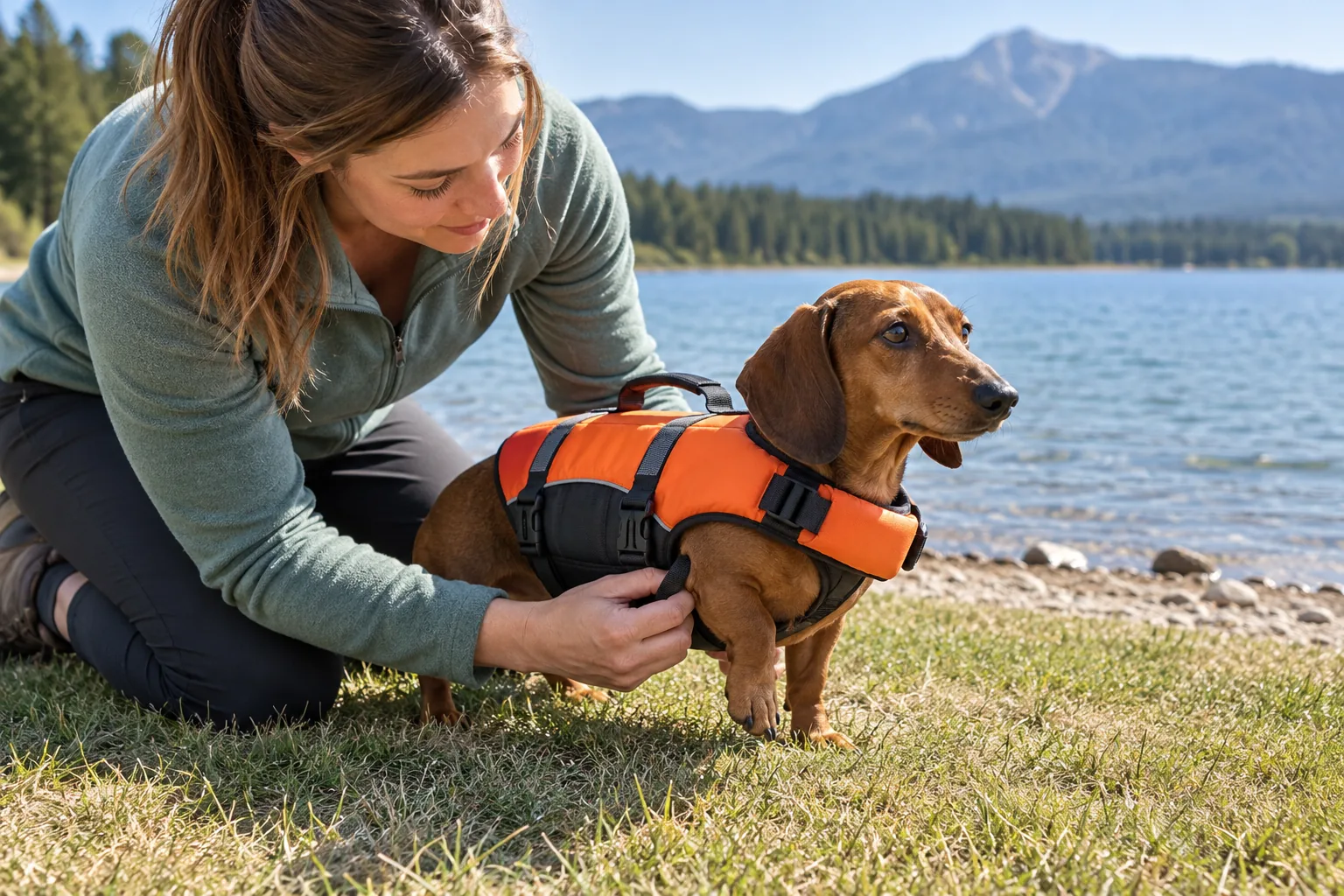 Can Dachshunds swim safely? Checking a fitted Dachshund life jacket on dry ground