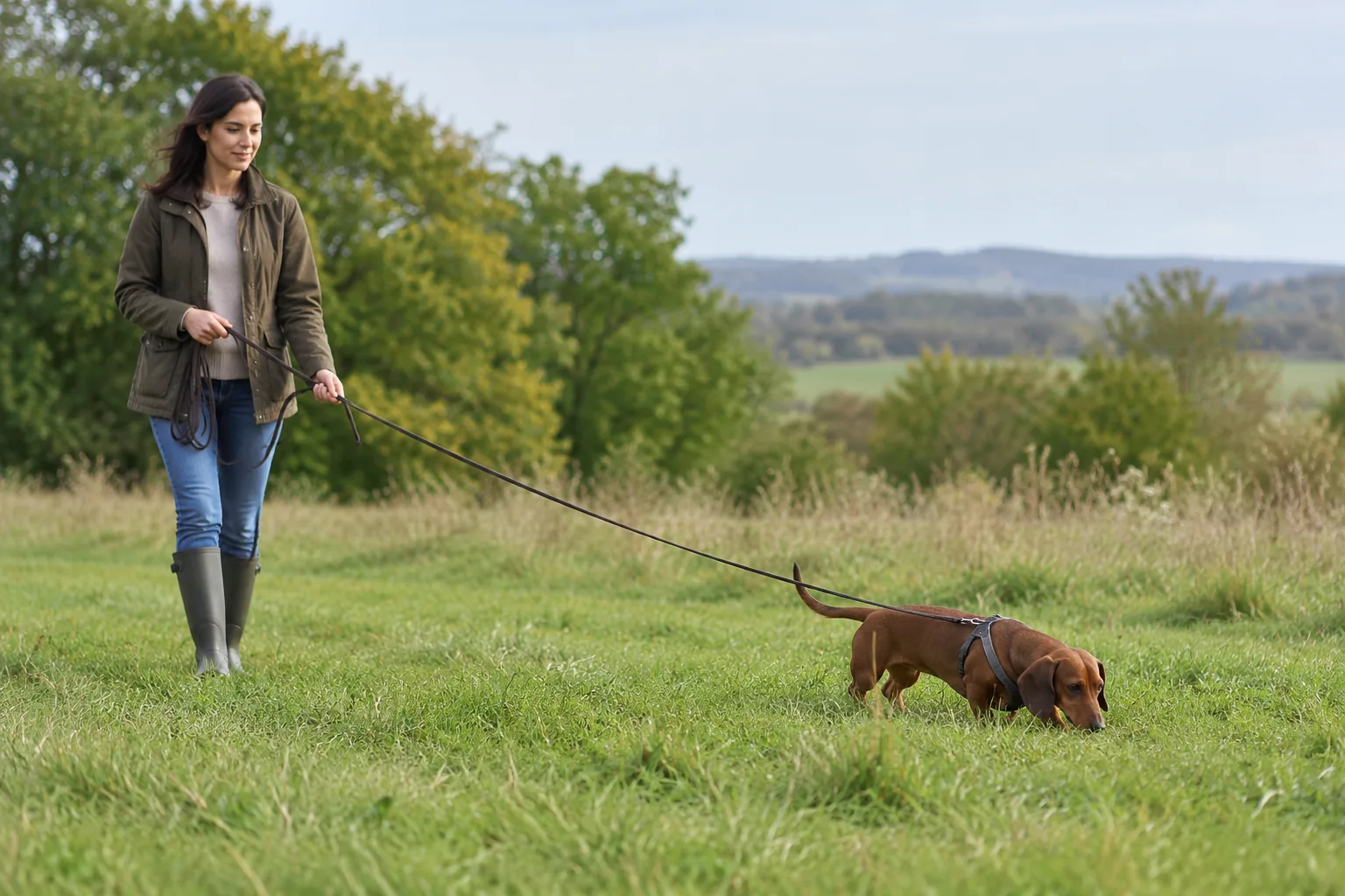 Best leash for Dachshunds: a longer fixed training line in a quiet field