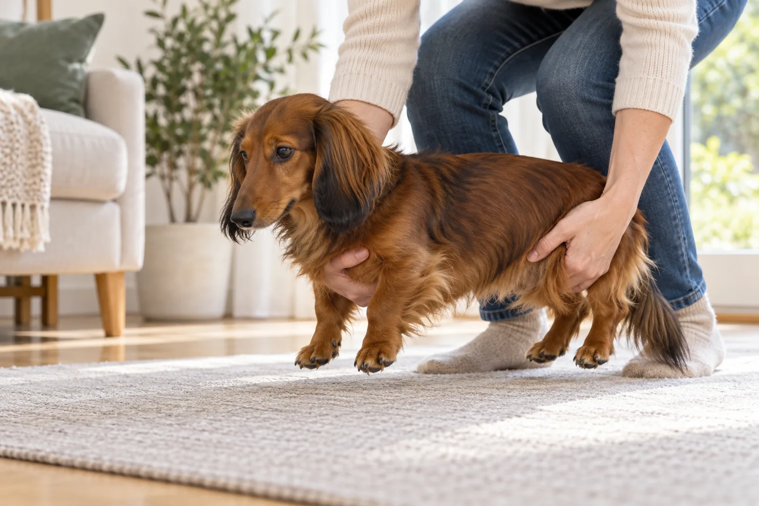 Owner gently lowering a long-haired Dachshund onto a non-slip floor with two-hand support