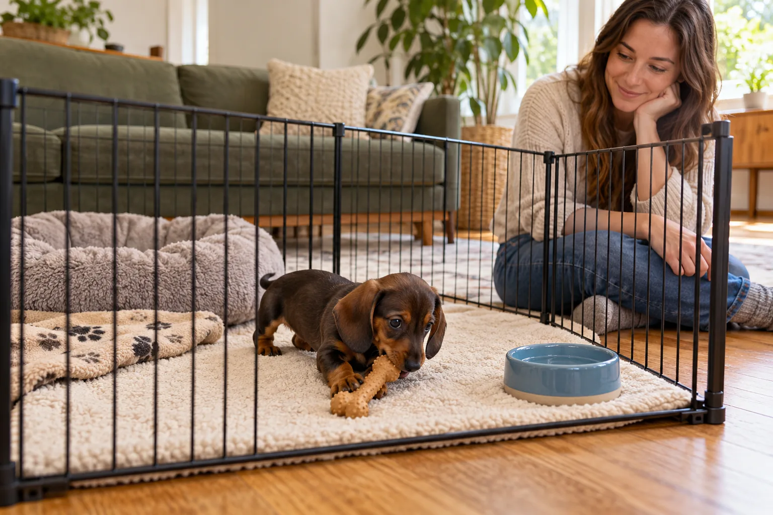Dachshund puppy with a supervised chew toy, bed, and water inside a pen