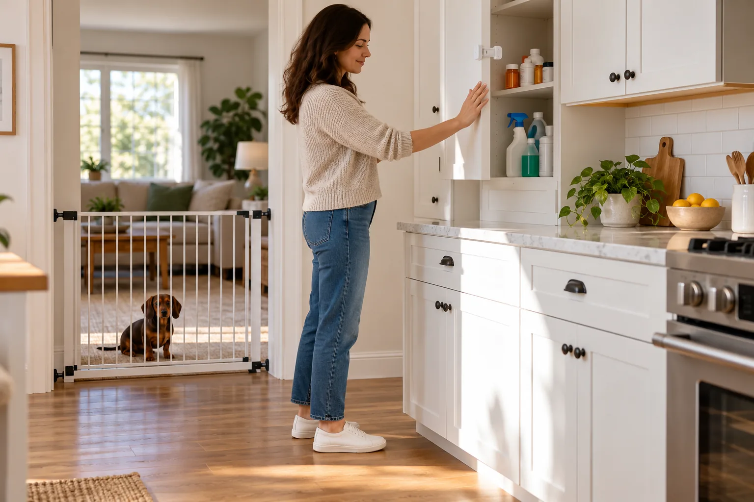 Dachshund puppy proofing home: owner securing household products in a latched cabinet