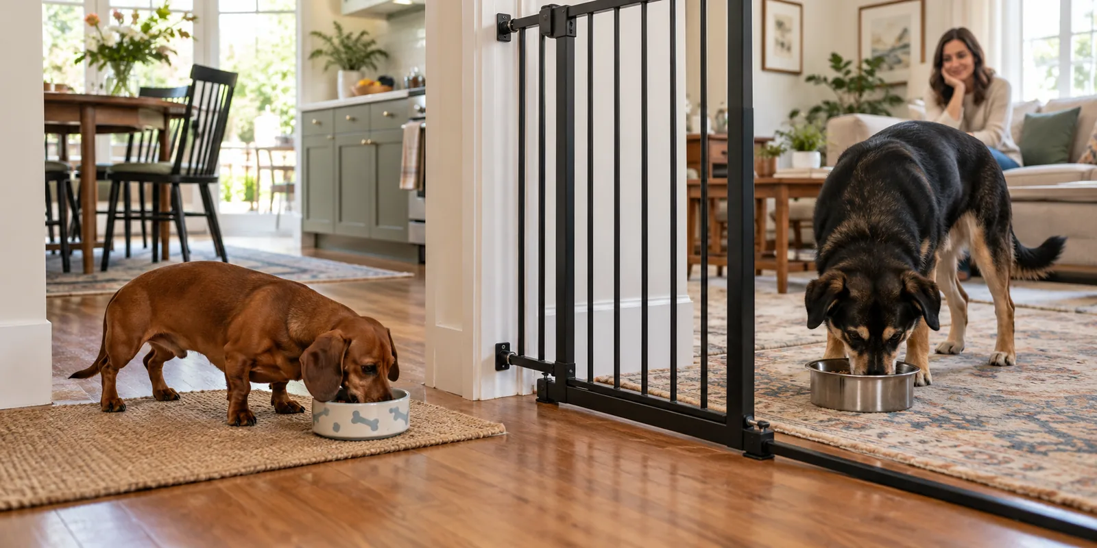 Two dogs eating in separate spaces with a safety barrier between them