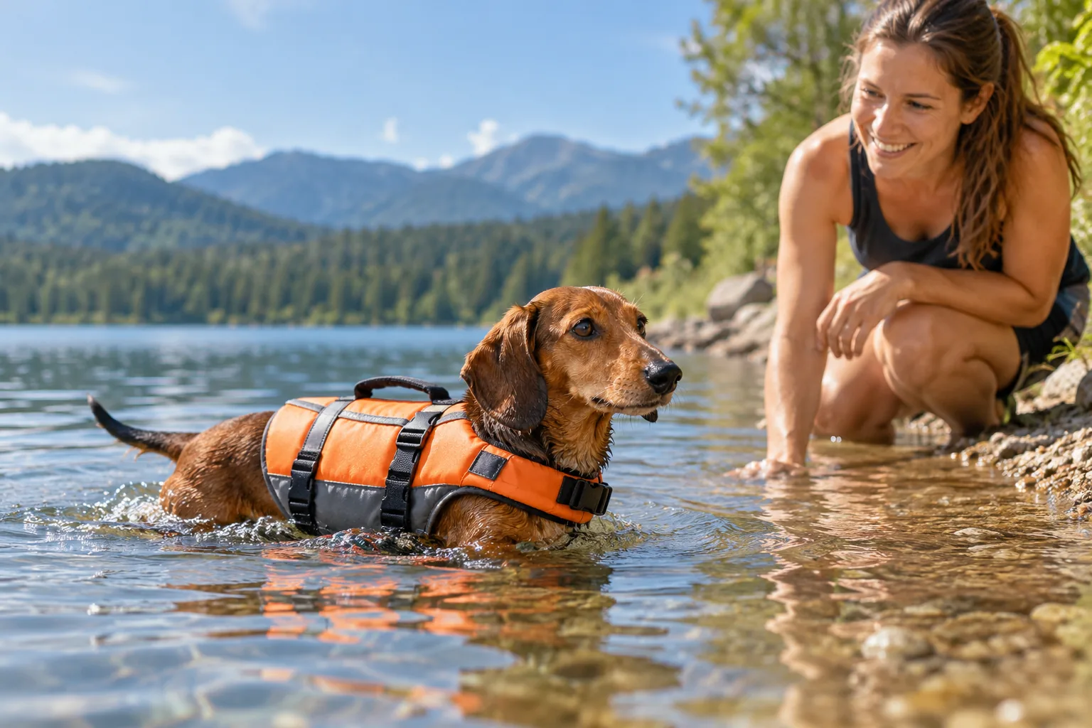 Dachshund in a life jacket at a shallow lake edge with owner close by.