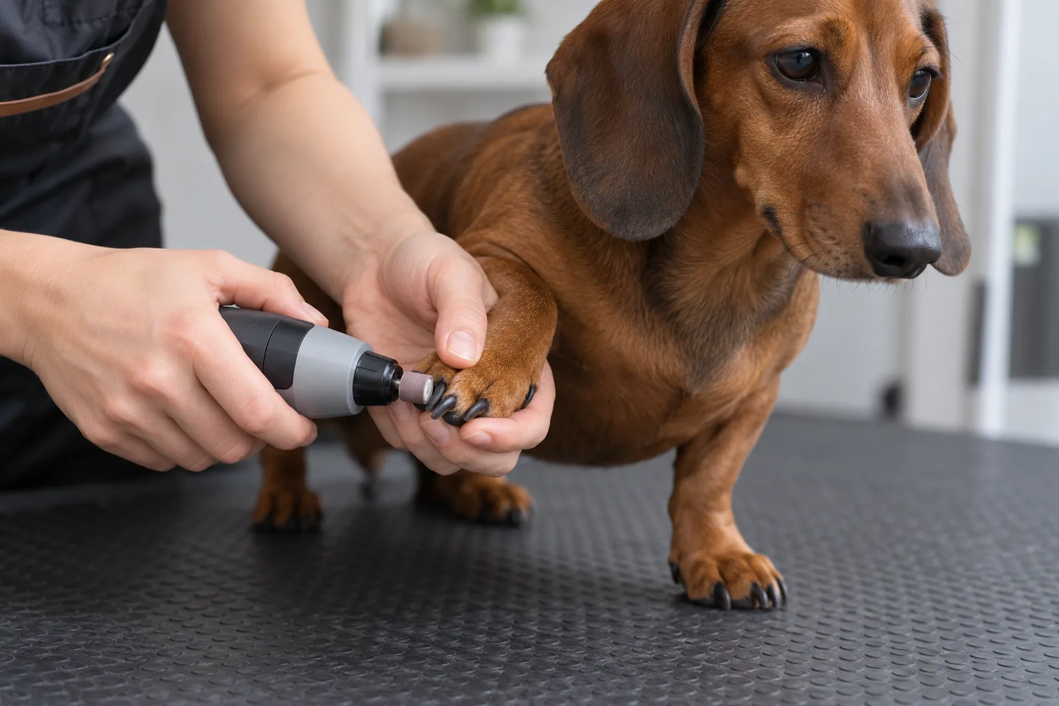 Groomer briefly filing one Dachshund nail with a compact grinder.