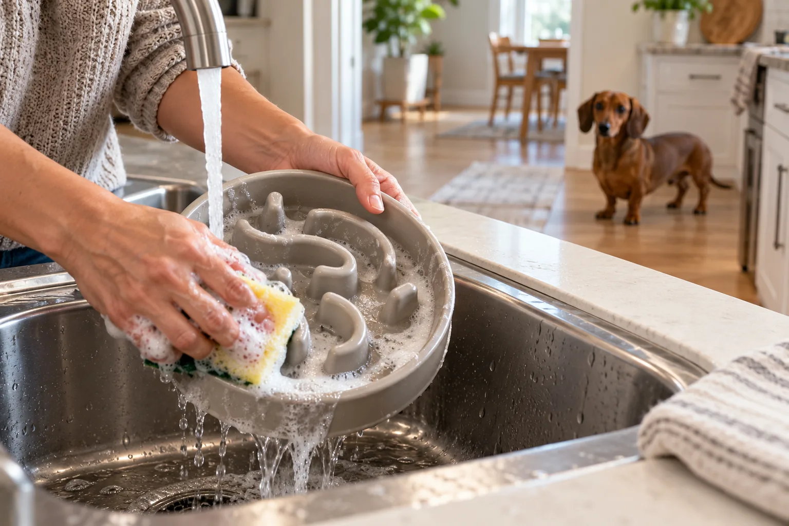 Owner washing the channels of a slow-feeder bowl under running water.