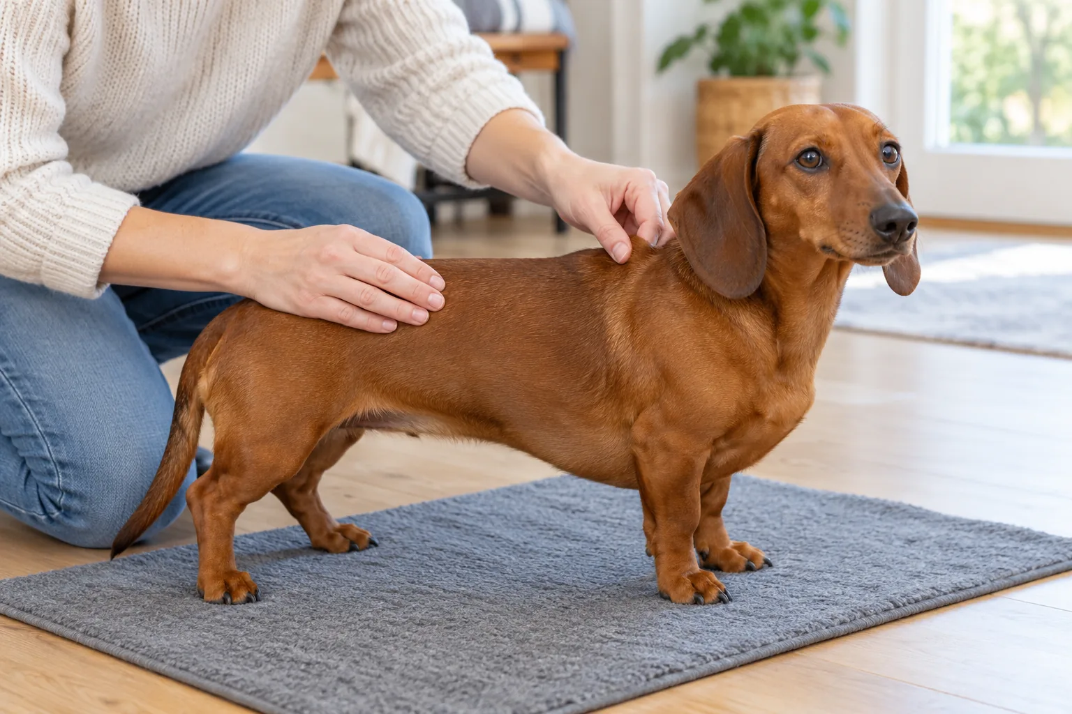 Long haired vs short haired Dachshund: owner inspecting a smooth coat after a walk