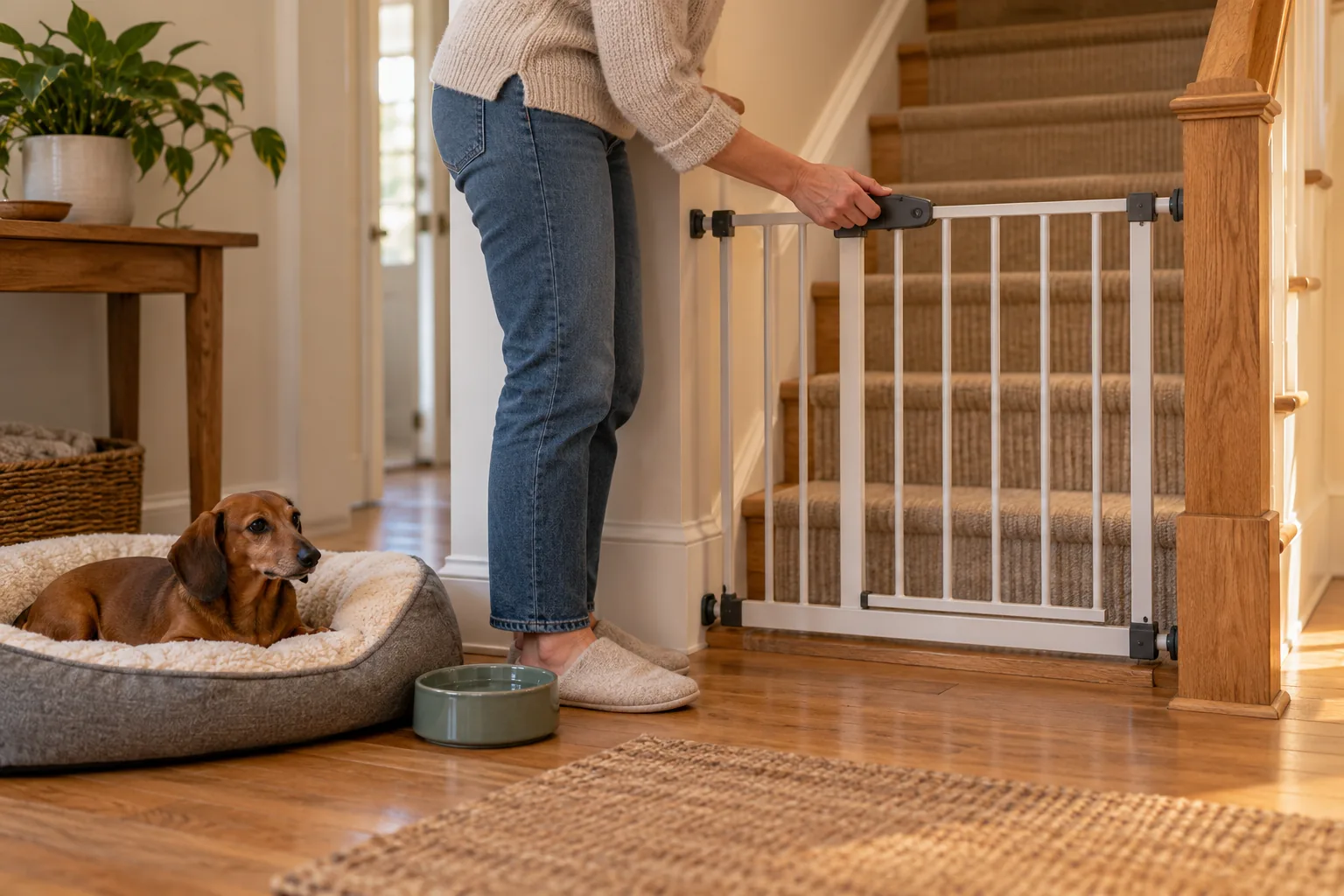 Owner checking a stair gate with Dachshund bed and water on the same floor