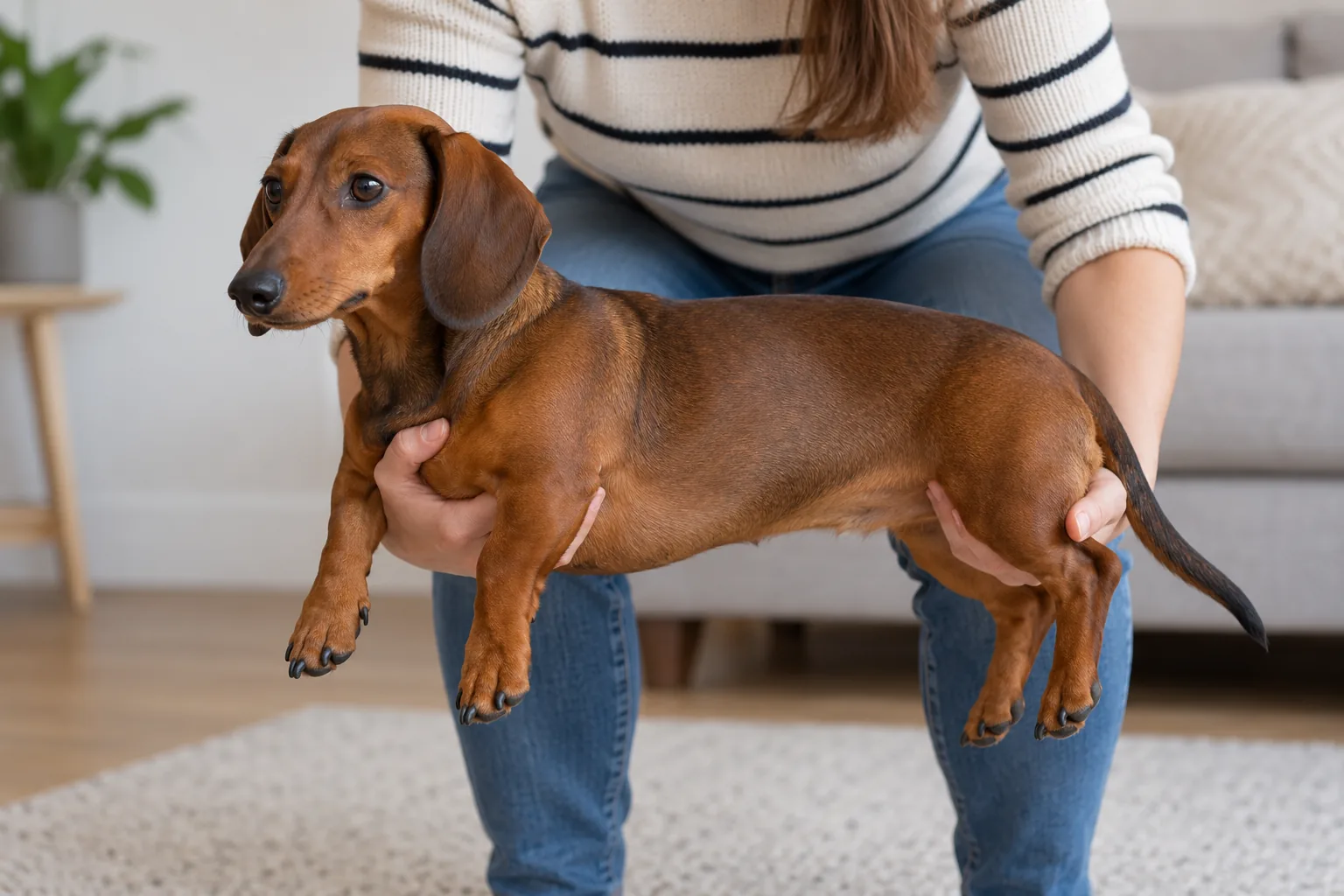 Owner supporting a Dachshund's chest and hindquarters while lifting from floor level