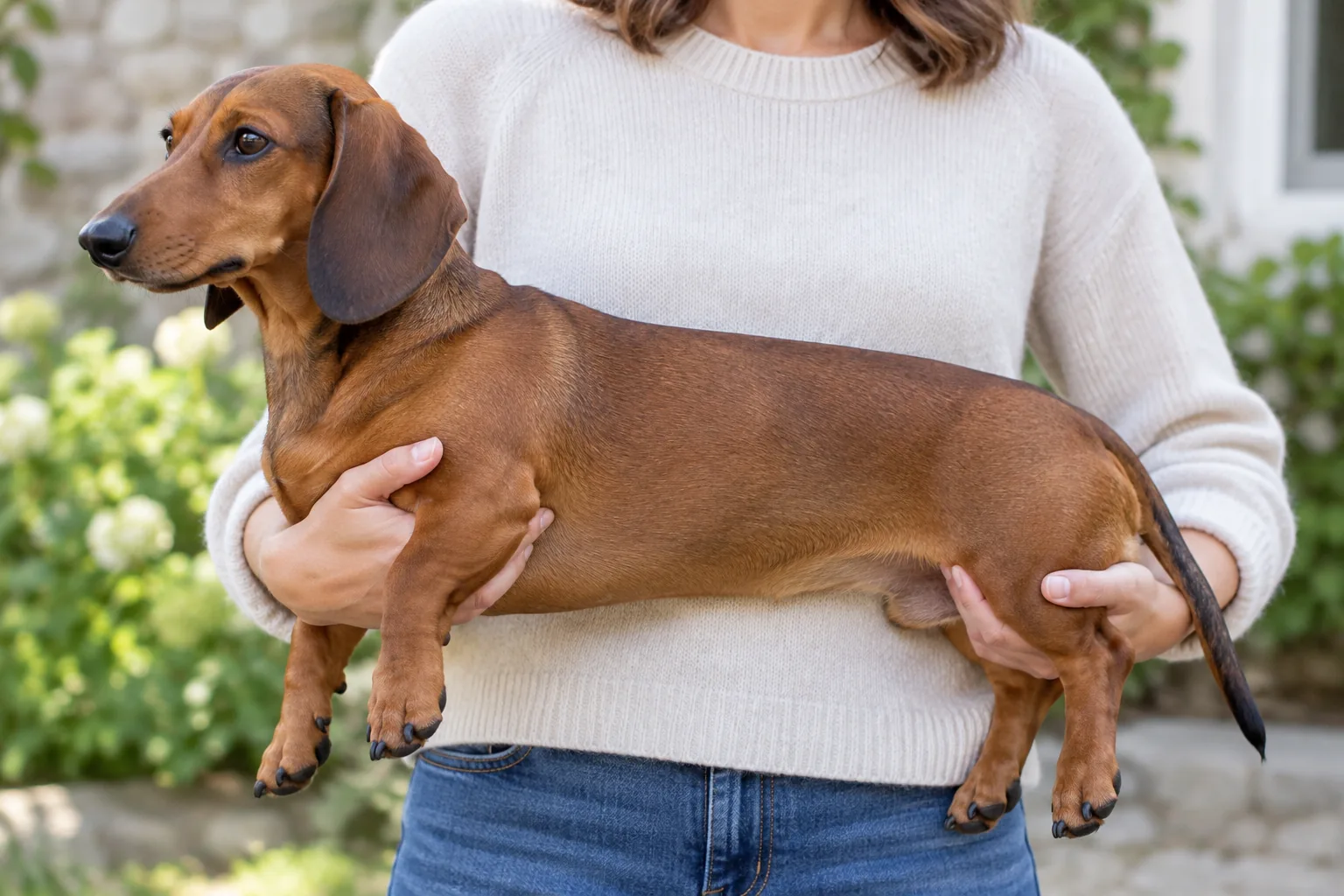 How to carry a Dachshund with chest and hindquarters supported
