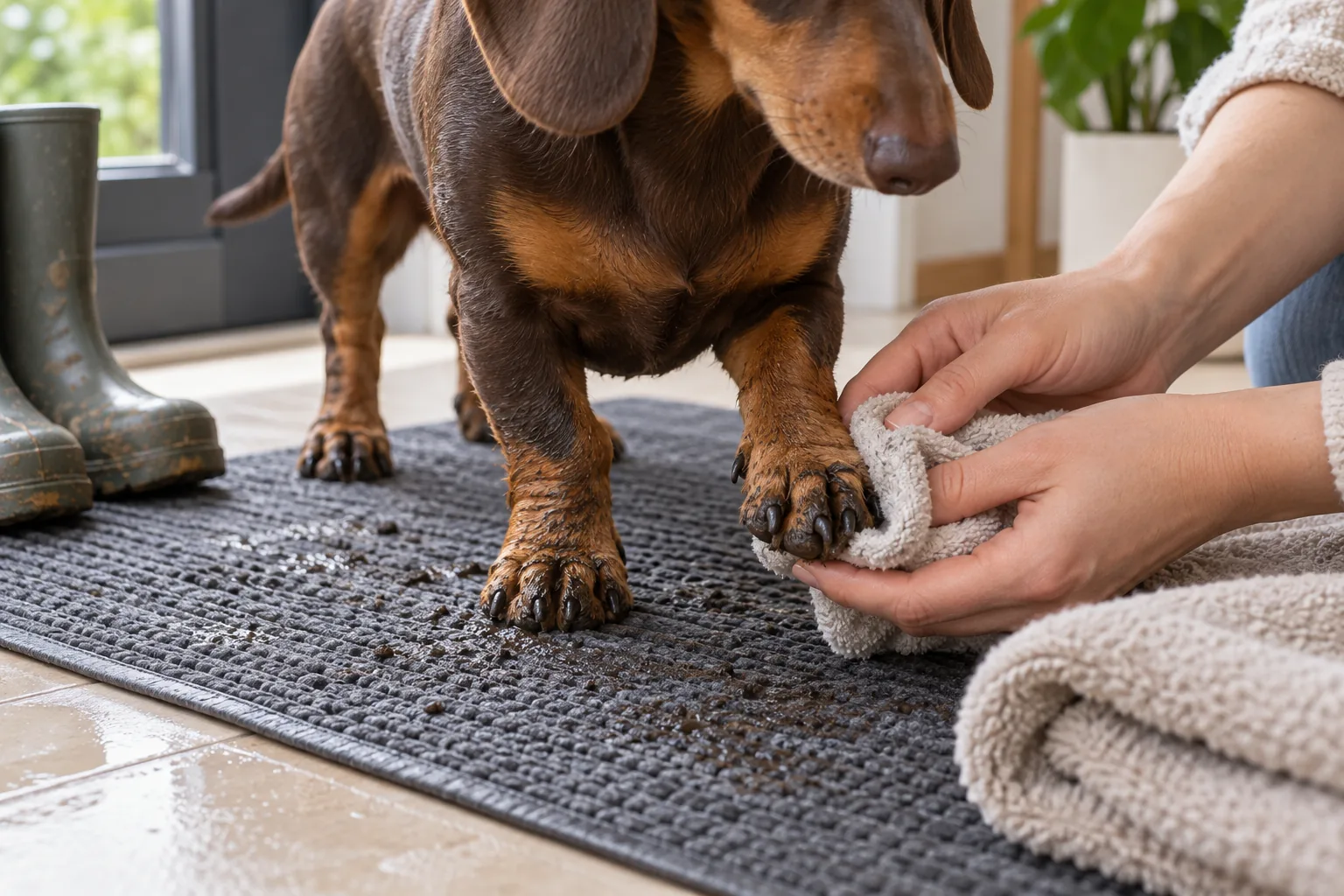 Dachshund rain care: wiping muddy paws on a non-slip entryway mat